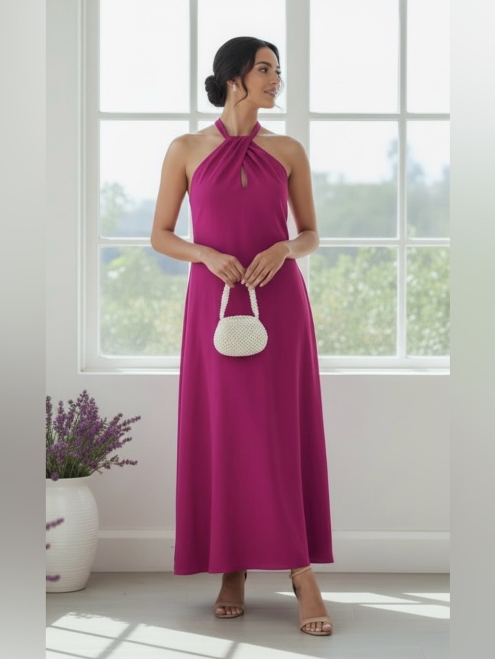 Elegant VICI Tyche Tie Neck Halter Maxi Dress in Fuchsia Sz Large